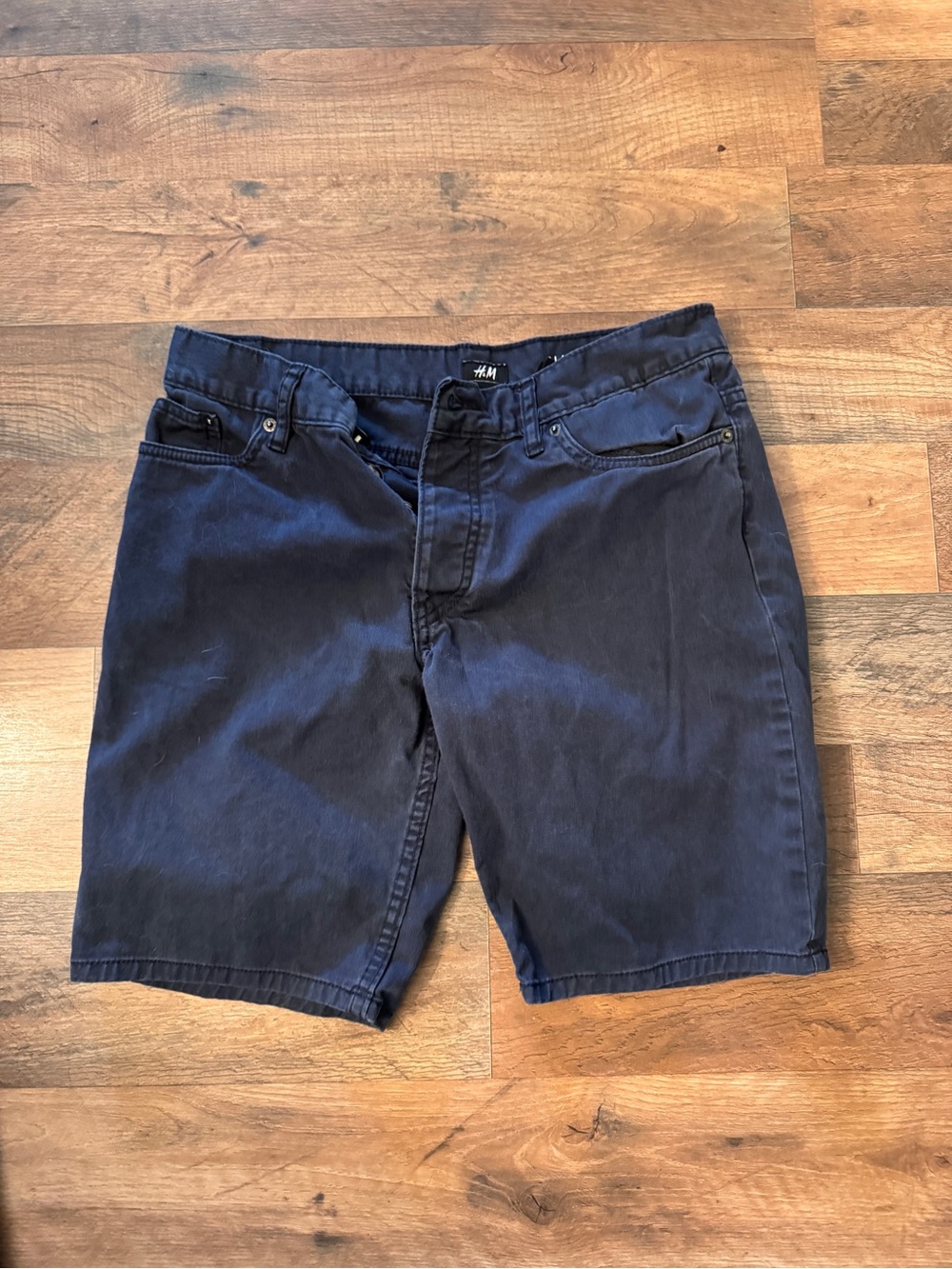 H&M Men's Dark Blue Flat-Front Cotton Shorts